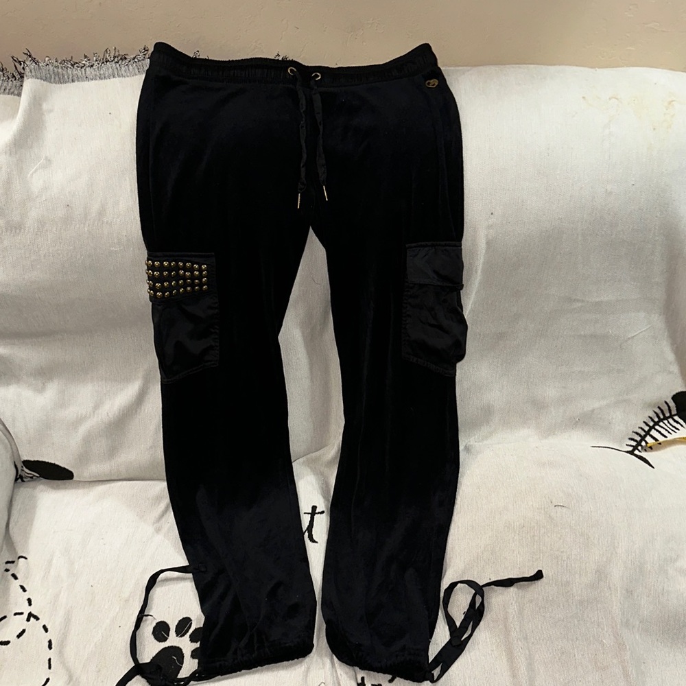 Ecko Red medium Black velour & satin Cargo Pants with Studded Pocket